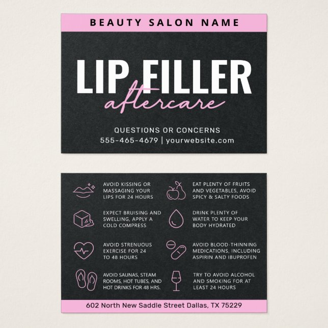 Premium Black Lux Pink Lip Filler Aftercare Card (Front & Back)