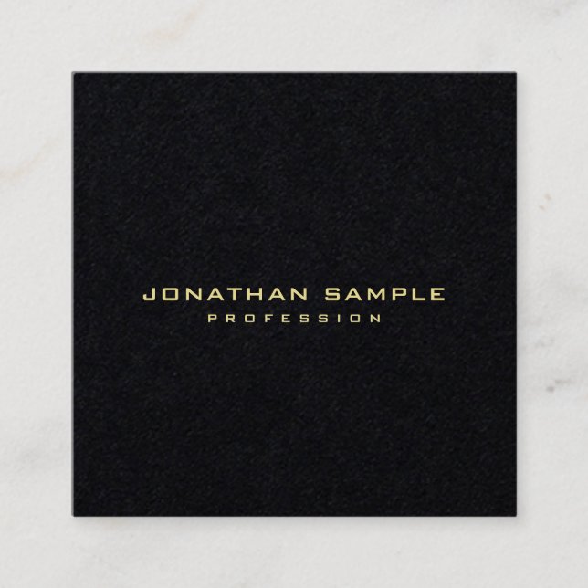 Premium Black Modern Minimalist Elegant Gold Text Square Business Card (Front)