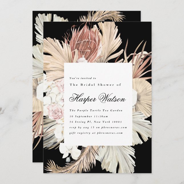 Premium Black Onyx Elegant Pampas Romantic Bridal Invitation (Front/Back)