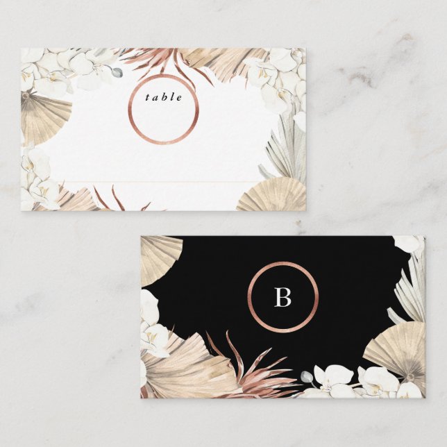 Premium Black Onyx Pampas and Rose Gold Wedding Place Card (Front/Back)