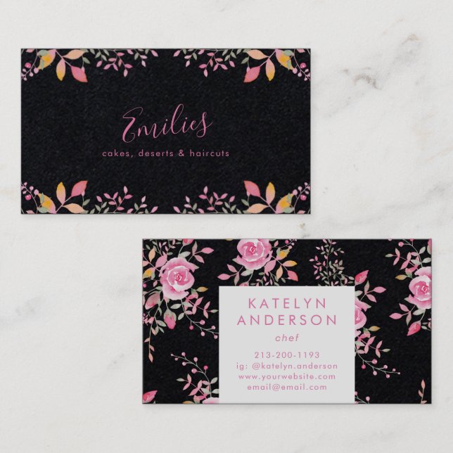 Premium Black Organic Botanical Watercolor Roses Business Card (Front/Back)