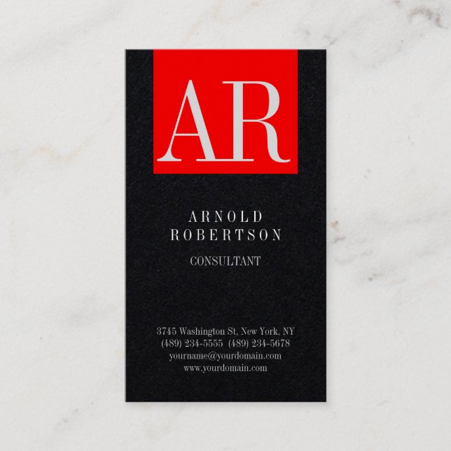 Premium Black Red Trendy Monogram Plain Business Card (Front)