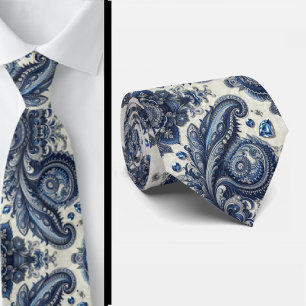 Premium Blue and White Diamond Paisley Neck Tie