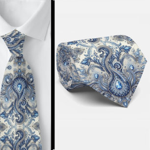Premium Blue and White Diamond Paisley Neck Tie