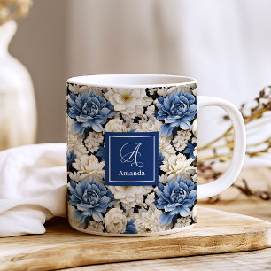 Premium Blue White Flowers Custom Name Coffee Mug