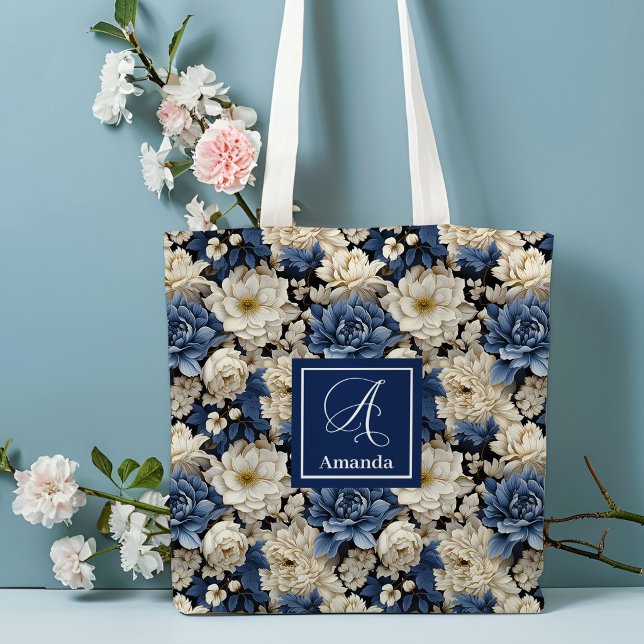 Premium Blue White Flowers Custom Name Tote Bag (Premium Blue White Flowers Custom Name Tote Bag)