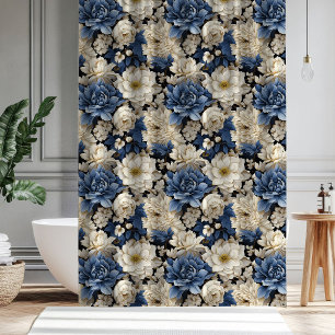 Premium Blue White Ivory Floral Shower Curtain