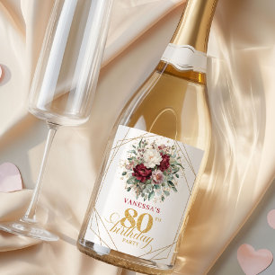 Premium Blush Burgundy 80th Birthday Champagne Sparkling Wine Label