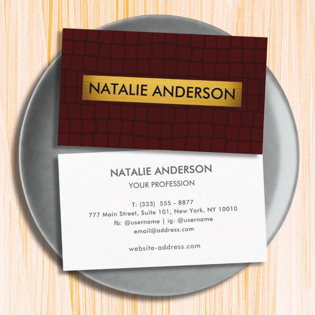 Premium Crocodile Texture Burgundy & Gold  Business Card (Creator Uploaded)