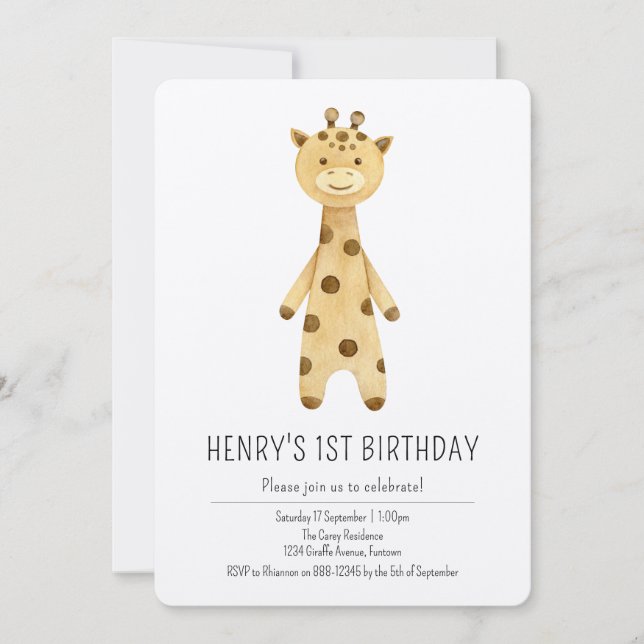 Premium, Cute Giraffe kids 1st birthday Invitation (Front)