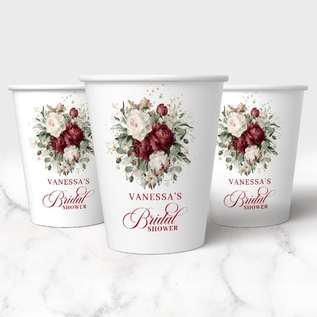 Premium Deep Red Floral Bridal Shower Paper Cups (Premium Deep Red Floral Bridal Shower Paper Cups)