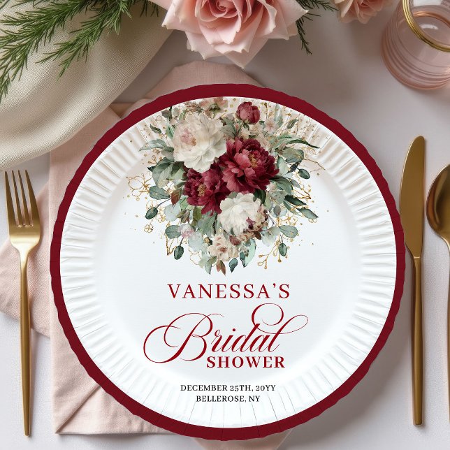 Premium Deep Red Floral Bridal Shower Paper Plates (Premium Deep Red Floral Bridal Shower Paper Plates)