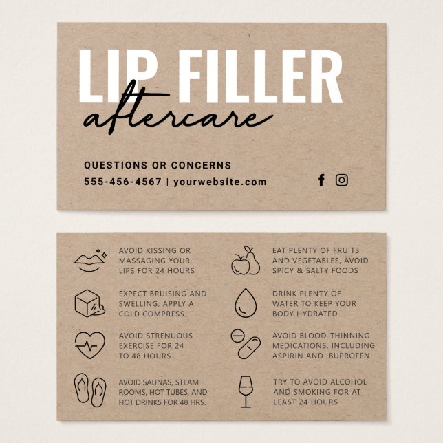 Premium Eco Kraft Lip Filler Aftercare Advice Card (Front & Back)