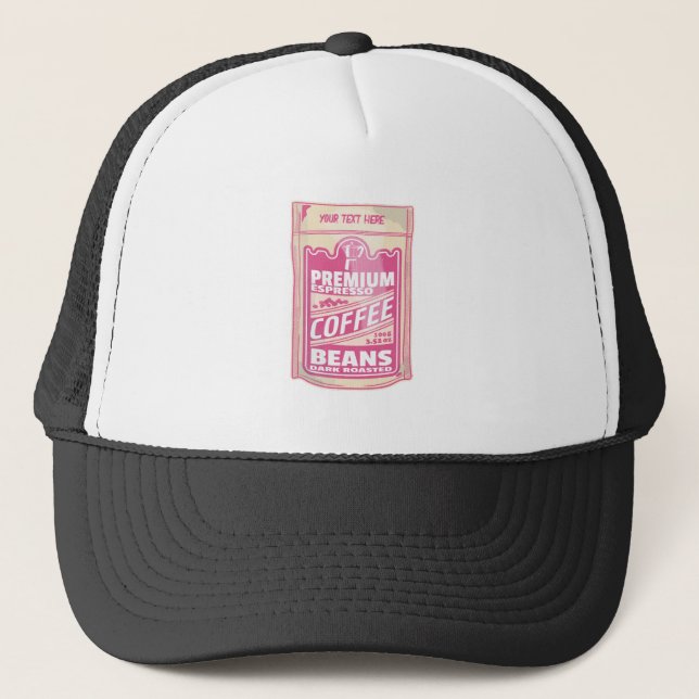 Premium espresso coffee beans pink food pop art trucker hat (Front)
