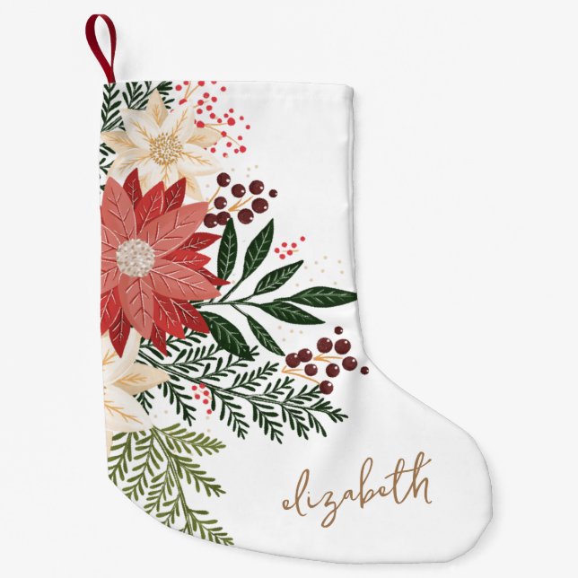 Premium Festive Poinsettia Custom Name Holiday Small Christmas Stocking (Front)