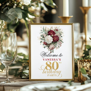 Premium floral blush burgundy 80th birthday 8x10   poster
