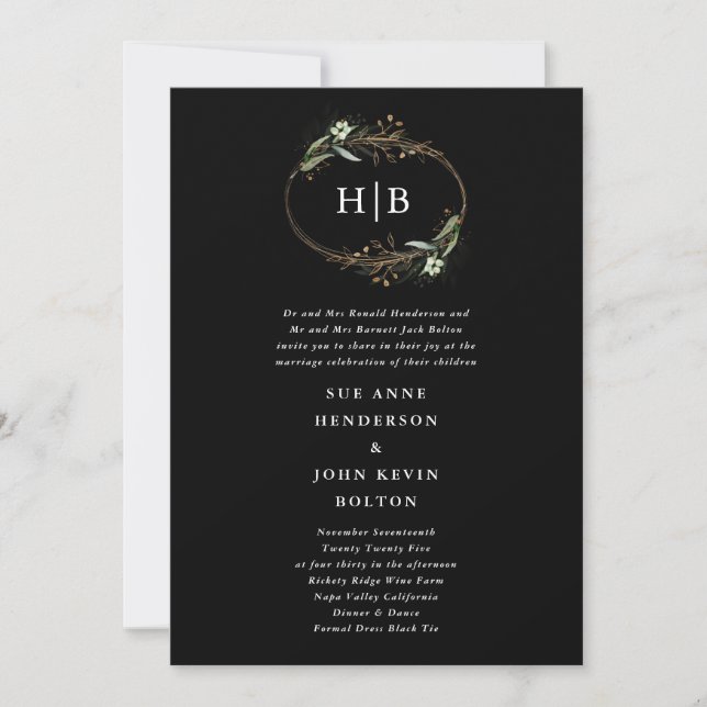 Premium Golden Black Eucalyptus Wreath Monogram Invitation (Front)