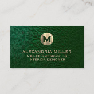 Premium Green Leather Gold Monogram  Business Card
