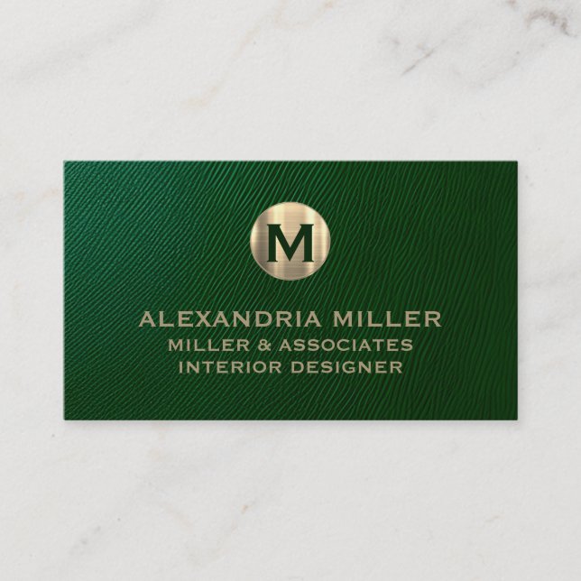 Premium Green Leather Gold Monogram  Business Card (Front)