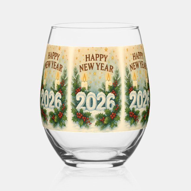 premium happy new year 2026 stemless wine glass (Front)