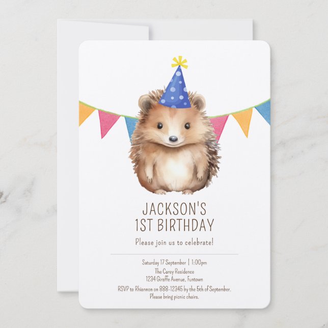 Premium kids birthday invitation, cute Hedgehog Invitation (Front)