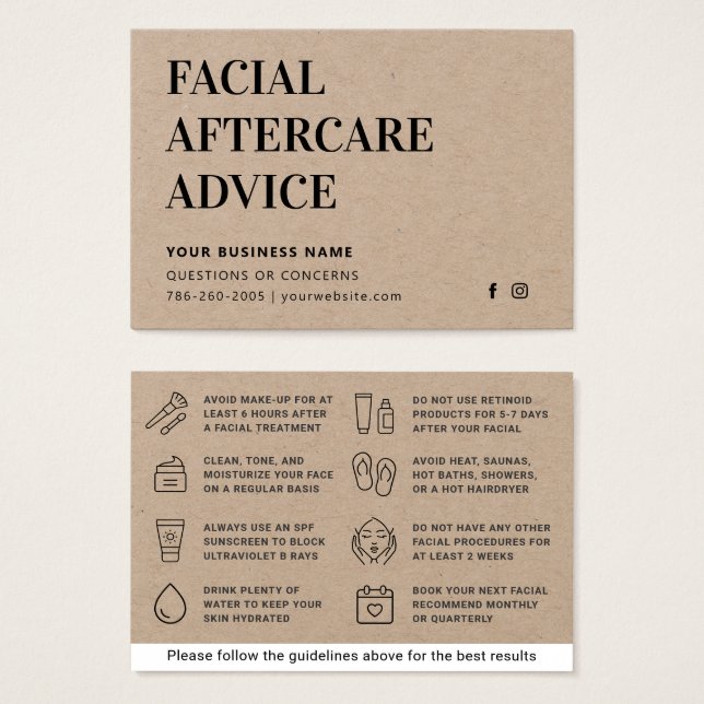 Premium Kraft Facial Aftercare Instructions Card (Front & Back)