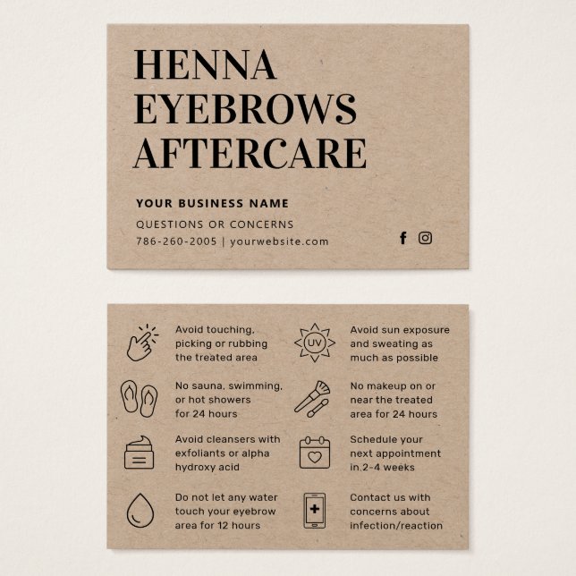 Premium Kraft Henna Brows Aftercare Card Advice (Front & Back)