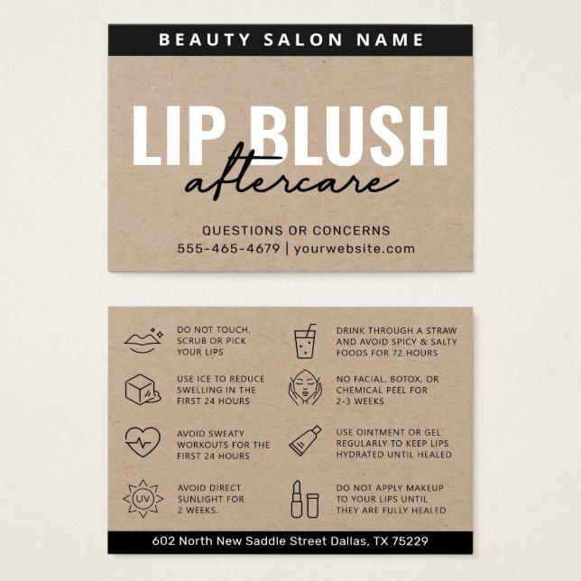 Premium Kraft Lip Blush AfterCare Instruction Card (Front & Back)