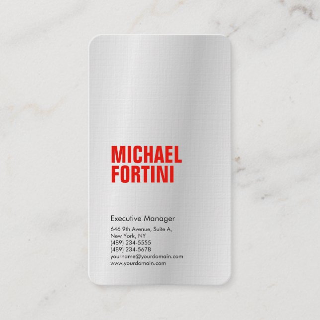 Premium linen silver grey minimalist modern red business card (Front)