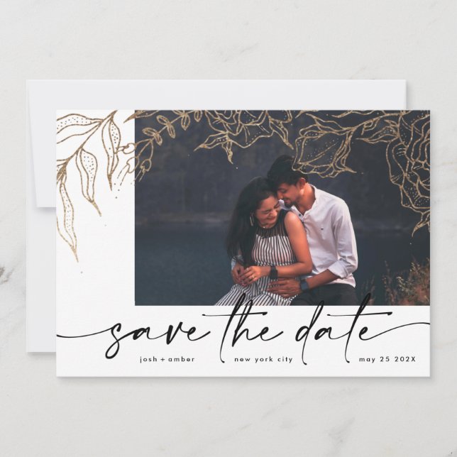 Premium | Modern Black Forever Photo Gold Floral Save The Date (Front)