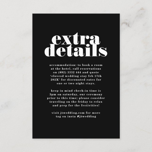 Premium Modern Bold Black White Extra Info Details Enclosure Card (Front)