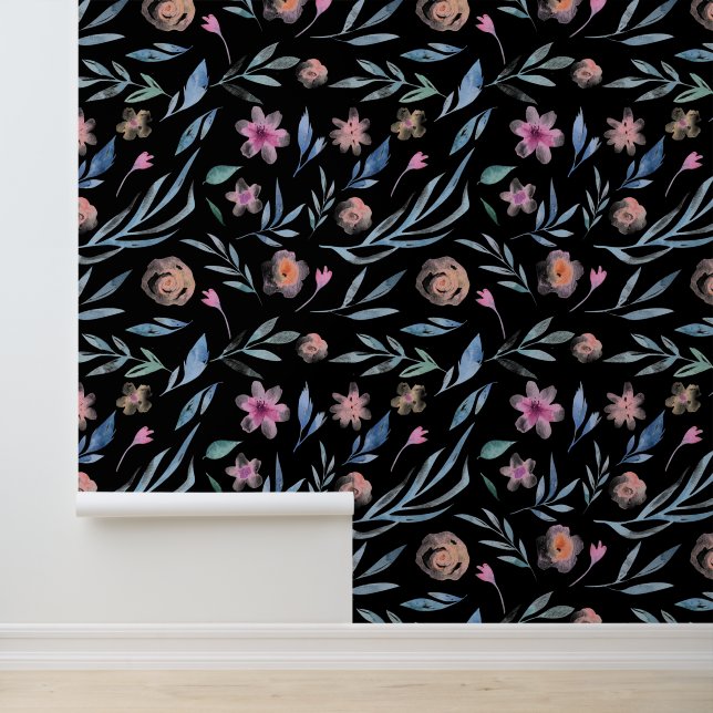 Premium Modern | Watercolor Flowers on Black Wallpaper (Application)