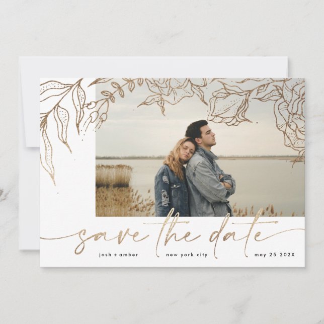 Premium | Modern White Forever Photo Gold Floral Save The Date (Front)