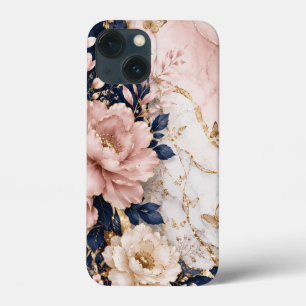 Premium Navy Blue & Pink Botanical Marble iPhone 13 Mini Case