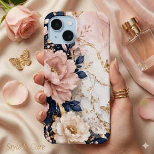 Premium Navy Blue & Pink Botanical Marble iPhone 15 Case