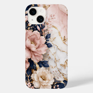 Premium Navy Blue & Pink Botanical Marble Case-Mate iPhone 14 Case