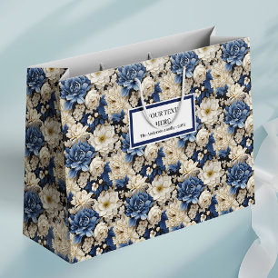 Premium Navy White Ivory Floral Luxury Gift Bag