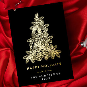 Premium Onyx Gold Merry Christmas Pine Tree Happy Foil Holiday Card