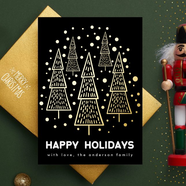 Premium Onyx Gold Merry Christmas Pine Tree Happy Foil Holiday Card (Creator Uploaded)