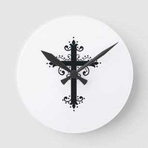 Premium Ornamental Carved Cross Art Round Clock