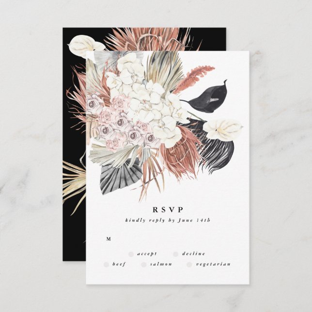 Premium Pampas Grass Flower Tropical Elegant Black RSVP Card (Front/Back)