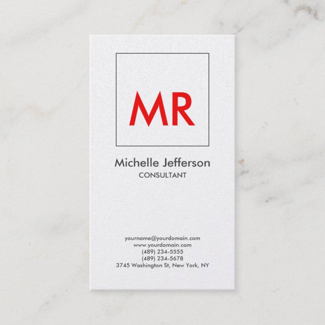Premium Pearl Red White Elegant Unique Monogram  Business Card (Front)