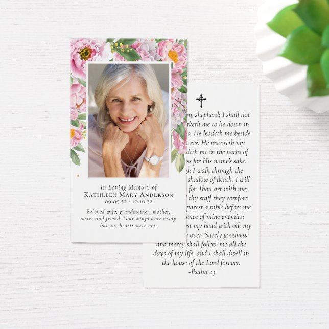 Premium Peonies Photo Memorial Prayer Card (Desk)