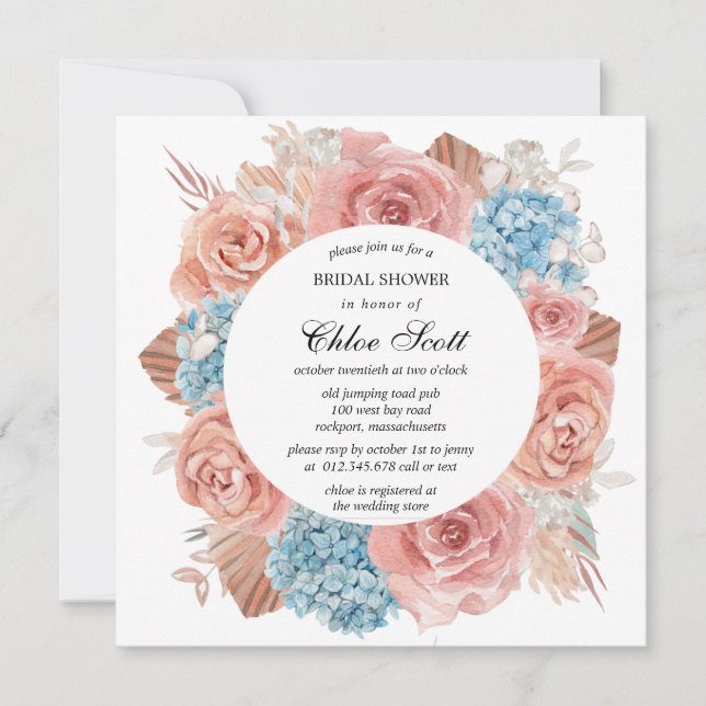 Premium Pink Rose Blue Hydrangea Bridal Shower Invitation (Front)