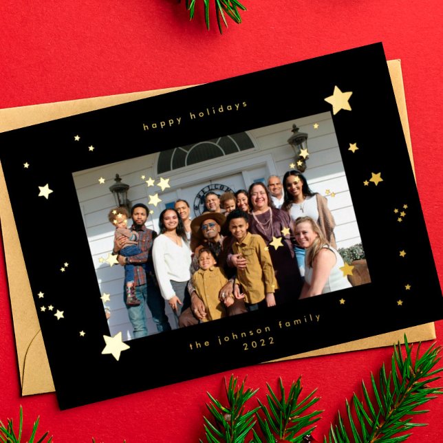 Premium Pressed Gold Stars Onyx Black Photo Happy Foil Holiday Card (Creator Uploaded)
