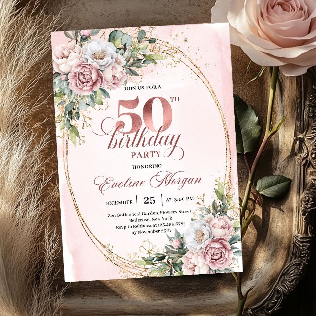 Premium Rose Gold Floral 50th Birthday Invitation (Premium Rose Gold Floral 50th Birthday Invitation)