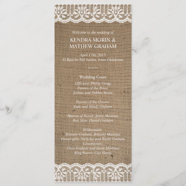 Premium Rustic Burlap Lace Wedding Programs 4x9.25 Programme (Front)