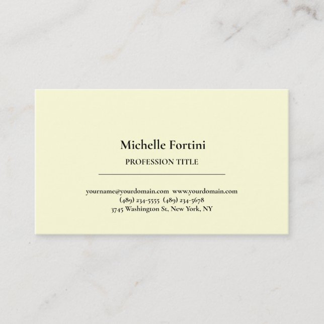 Premium Silk Elegant Plain Light Yellow Minimalist Business Card (Front)