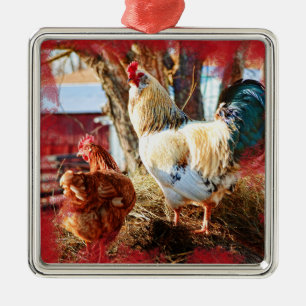Premium square ornament with hen and rooster