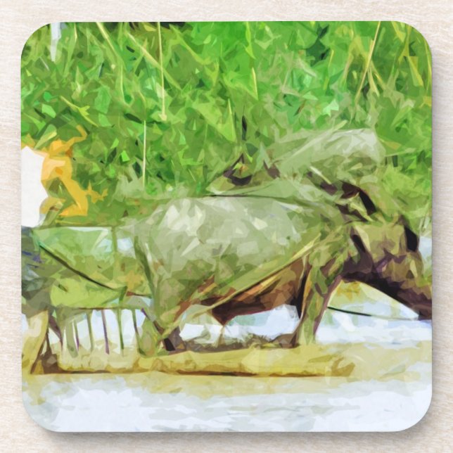 Preparing Rice Fields With Oxen Abstract Coaster (Front)